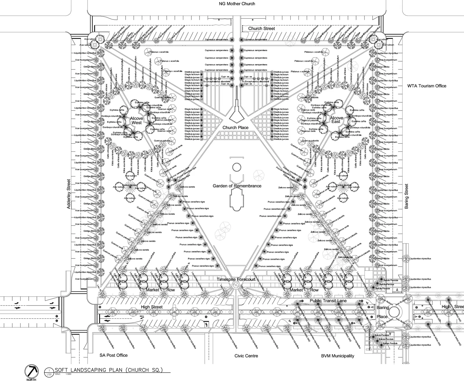 Detailed plans for Church Plein (Square), Worcester, showing civic space, planting and pedestrian surfaces.