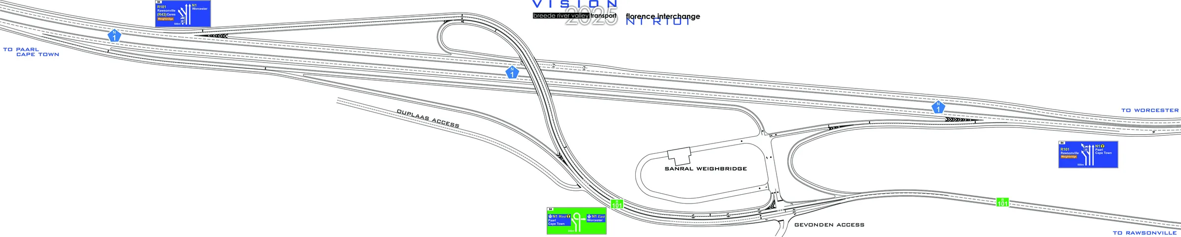 Proposed road design for the Florence Interchange where the N1 meets the R101 at Rawsonville, showing the realigned ramps, rail crossing and Rawsonville access.