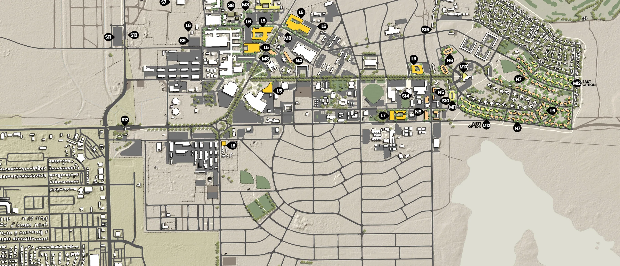 Land-use and urban design regulating plan for the campus, drawn over an aerial base, with numbered development parcels, street types and public realm interventions marked across the site.