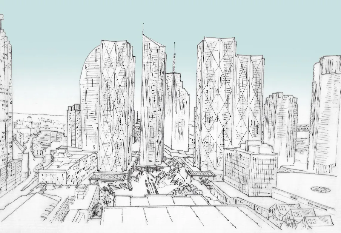 Hand sketch of the proposed aerial view at 1 Canada Place, Toronto.