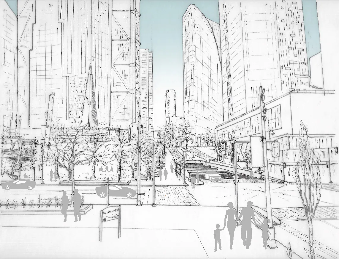 Hand sketch of the proposed ground-level view at Lower Simcoe Street, Toronto.