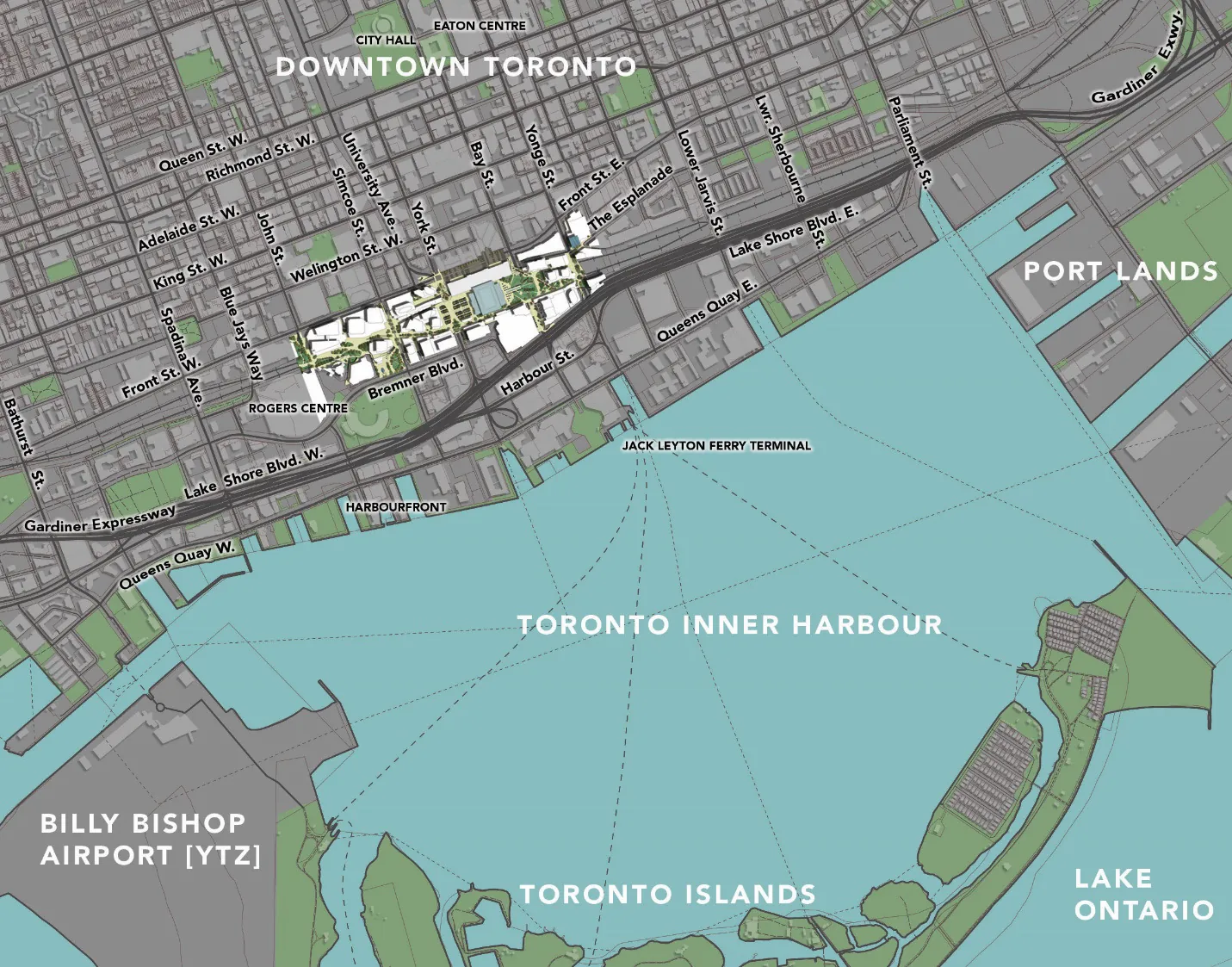 Project location map and plan overlay for the Linking the Lake rail-cap proposal in downtown Toronto.